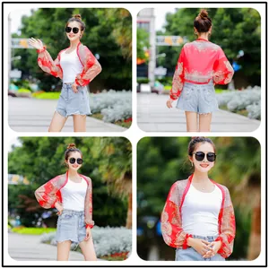 Red paisley chiffon sun protection shrug for summer beachwear shown in multiple angles