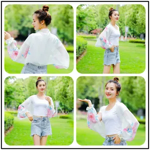 Collage showing various angles of a lightweight floral chiffon sun protection shrug for women