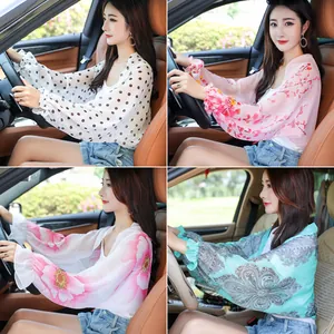 Versatile chiffon sun protection shawl sleeves with floral and polka dot patterns