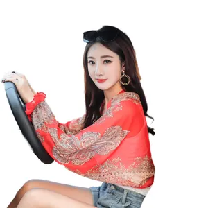 Elegant red chiffon paisley print sun protection shawl for beach and driving use
