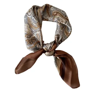 Elegant vintage paisley print silk square scarf for women, earthy brown fashion neckerchief