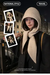 Warm thick knit balaclava hood scarf for women in cream white winter hat