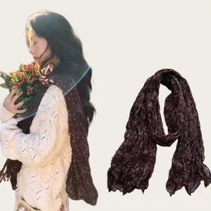 Retro floral pleated long scarf for women with model wearing and product detail view