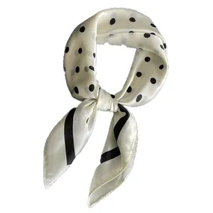 Elegant off-white satin silk square scarf with black polka dots for women's stylish neck wear