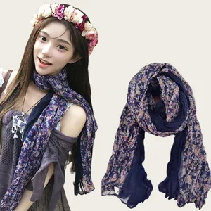 Elegant vintage long scarf with floral print and vibrant color contrast for women