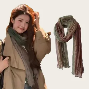 Elegant retro color-block floral long silk scarf for women, premium neck accessory