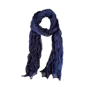 Vintage floral long silk scarf for women in navy blue with elegant crinkle texture