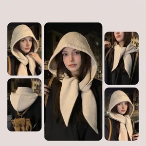 Women Winter Integrated Knitted Hat Scarf Thickened Ear Protection Balaclava Korean Style Solid Color Warm Woolen Yarn Hooded Scarf