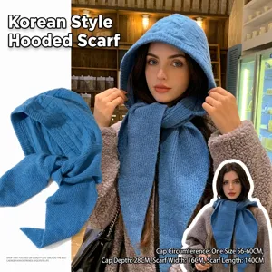 Blue knitted hooded scarf balaclava for women warm winter hat