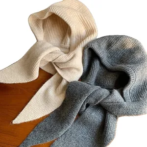 Thick knitted balaclava hooded scarf for women in beige and grey winter warm headwear