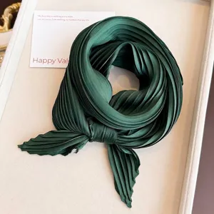 Dark green pleated silk scarf with elegant solid color design for women