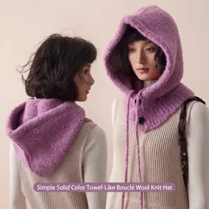Damen Winter Warm Wollmischung Balaclava Strickmütze Schal Integriert Einfarbig Kapuzenschal Mit Knöpfen Kordelzug