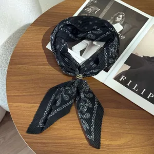 Vintage black pleated paisley silk scarf with gold ring buckle for elegant women