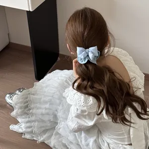 Hellblauer Schwammbogen-Haargummi-Haarschmuck an einem Mädchen mit braunem gewelltem Haar.