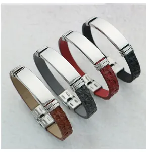 Close-up of DIY engravable leather and stainless steel bracelets in four colors