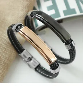 Handgefertigte Lederarmbänder mit Platten aus Edelstahl in Roségold und Schwarz