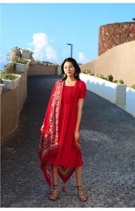 Ethnic style red oversized shawl and dress set for outdoor travel and scenic photography