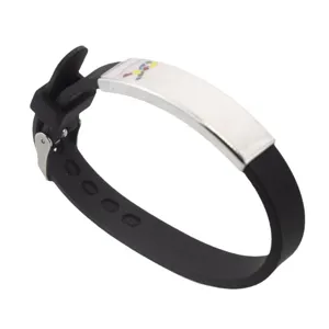 Black silicone and stainless steel autism awareness bracelet with puzzle ribbon
