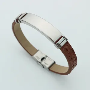 Men's brown faux leather bracelet featuring a polished stainless steel ID tag for DIY laser engraving