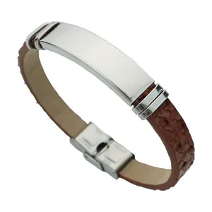 Minimalist brown faux leather bracelet with polished stainless steel ID plate for men