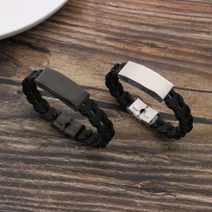 Minimalistisches gravierbares Armband aus Edelstahl und schwarzem Leder für Paare