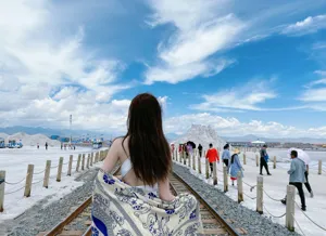 Close-up detail of ethnic style blue elephant pattern shawl worn by woman on railway track