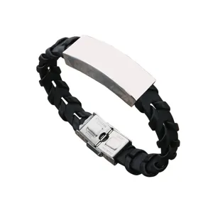 Handgefertigtes schwarzes Lederarmband mit einer polierten Edelstahlplatte für Gravuren
