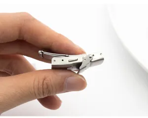 Detail view of 18mm stainless steel double press safety clasp for straps