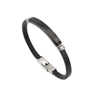 Pulsera retro de cuero negro con placa de acero inoxidable para grabado personalizado