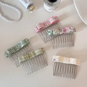Korean Style Bow Hair Comb For Women Polka Dot Gingham Floral Pattern Insert Comb High Skull Top Fluffy Hair Accessory