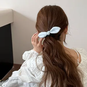 Detalle de un coletero con lazo de rayas azul claro lucido en una coleta baja elegante