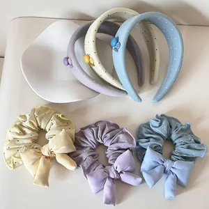 Süßes Punktiert Schleife Haarreif Haargummi Set Schwamm Verdicktes Stirnband Für Damen Frische Handgefertigte Stoff Haarschmuck