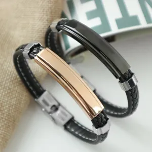 Handgefertigte Retro-Lederarmbänder für Paare mit roségoldenem und schwarzem Edelstahl