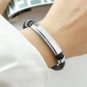 Vintage handgefertigtes schwarzes Lederarmband mit polierter Edelstahlplatte für Herren