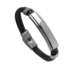 Retro schwarz geflochtenes Lederarmband mit polierter Edelstahlplatte für Damen und Herren
