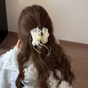 Elegant white mesh bow hair claw clip for chic back-of-head updos and hairstyles