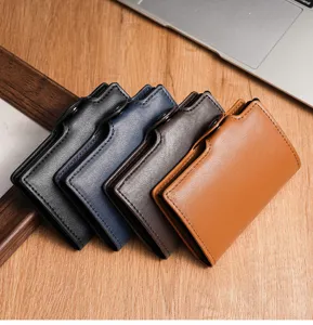 Metal pop-up card wallet detail showing multi-color leather card holders neatly arranged.
