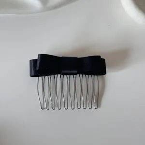 Elegant black satin ribbon bow hair comb accessory featuring ten silver metal teeth