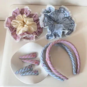 Blue Purple Plaid Hair Accessories Set Preppy Style Lace Scrunchie Bow Headband Sweet Cherry Hair Clips For Women Girls
