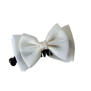 Elegant white mesh tulle bow hair clip hair comb for daily fringe and bangs styling