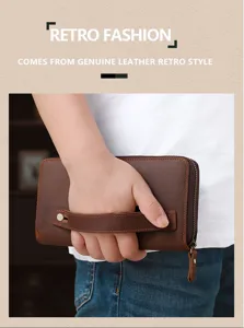 Herren Retro-Echtleder-Langgeldbörse-Clutch mit ergonomischer Handschlaufe und Reißverschluss