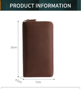 Detailansicht der Abmessungen einer langen Herren-Reißverschluss-Clutch aus braunem Leder