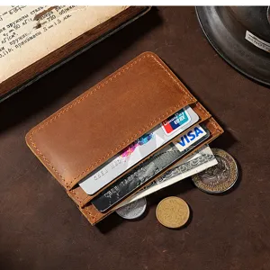 Vintage crazy horse leather mini slim card holder wallet for men and women minimalist.