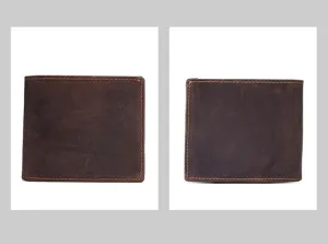 Vistas detalladas frontal y trasera de una cartera vintage de cuero marrón para hombre