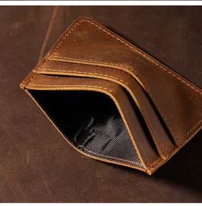 Minimalist crazy horse leather card holder wallet detail, slim credit card pocket case.