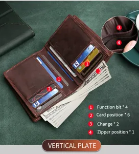 Vista macro del interior de una cartera de cuero con ranuras para tarjetas y billetes
