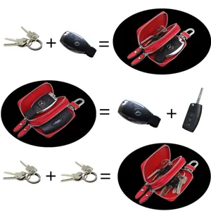 Custodia per chiavi auto in pelle rossa con doppia cerniera e anelli portachiavi interni