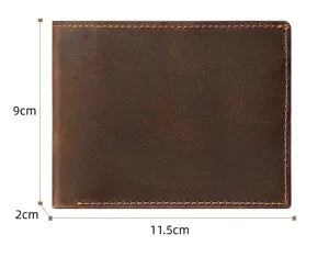 Dimensiones detalladas de una cartera vintage de cuero Crazy Horse marrón para hombre