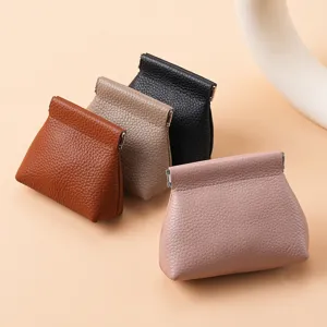 Mini portamonete in vera pelle con trama litchi e chiusura automatica a molla in vari colori