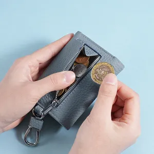 Handmade genuine leather key pouch and coin wallet with snap closure and metal clip